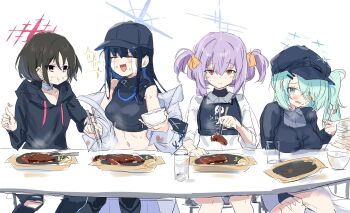 4girls :d :t absurdres alternate_hair_length alternate_hairstyle aqua_hair atsuko_(blue_archive) bandaged_neck bandages baseball_cap black_hat black_jacket black_shirt black_sweater blue_archive blue_hair blush bowl brown_hair candy_moon777 chopsticks commentary_request cropped_shirt crying cup drinking_glass eating food hair_ornament hair_ribbon hairclip hat highres hiyori_(blue_archive) holding holding_bowl holding_chopsticks jacket long_hair looking_at_another looking_at_viewer misaki_(blue_archive) multiple_girls open_mouth pants red_eyes ribbon saori_(blue_archive) shirt short_hair sitting sleeveless sleeveless_shirt smile sparkle steak sweater table torn_clothes torn_pants two_side_up white_background white_shirt