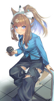 +_+ 1girl almond_eye_(umamusume) alternate_costume animal_ears bag beruu between_breasts black_pants blue_eyes blue_shirt blush bow bow_hairband breasts brown_hair closed_mouth collared_shirt colored_inner_hair cup disposable_coffee_cup disposable_cup hair_between_eyes hair_ornament hairband hairclip highres horse_ears horse_girl horse_tail large_breasts long_hair long_sleeves looking_at_viewer multicolored_hair pants ponytail shirt shoulder_bag sitting smile solo strap_between_breasts symbol-shaped_pupils tail torn_clothes torn_pants umamusume white_hairband x-shaped_pupils