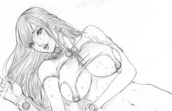 1girl breasts gantz_suit gloves large_breasts lips long_hair lying monochrome navel oku_hiroya original parted_lips shimohira_reika solo sweat teeth underboob upper_teeth_only