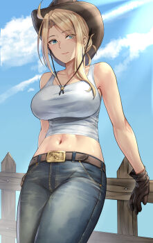 1girl alternate_costume belt belt_buckle blonde_hair blue_eyes blue_sky breasts brown_belt brown_gloves brown_hat buckle closed_mouth collarbone commentary_request cowboy_hat cowboy_shot denim fence gloves hat highres jeans kantai_collection kokuzou large_breasts leather leather_gloves long_hair looking_at_viewer midriff navel outdoors pants sky smile tank_top wasp_(kancolle) white_tank_top wooden_fence