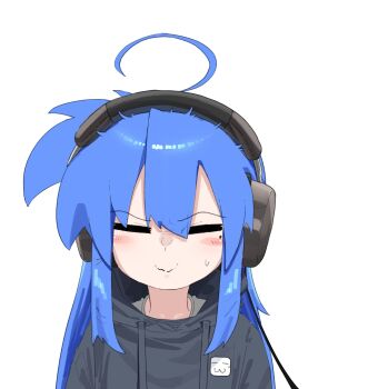 1girl =_= ahoge black_hoodie blush_stickers closed_eyes commentary cosplay drawstring headphones highres hood hood_down hoodie ishowspeed ishowspeed_(cosplay) ishowspeed_trying_not_to_laugh_(meme) izumi_konata long_hair lucky_star meme mole mole_under_eye papyopyo real_life simple_background solo symbol-only_commentary template upper_body white_background