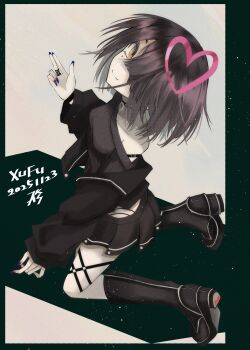 1girl absurdres bare_shoulders black_boots black_hair black_jacket black_skirt black_sweater boots breasts brown_eyes commentary_request fate/grand_order fate_(series) hair_over_one_eye heart highres jacket knee_boots long_sleeves looking_at_viewer miniskirt mole mole_under_eye off_shoulder short_hair skirt small_breasts smile solo sweater tsukaasa xu_fu_(fate)