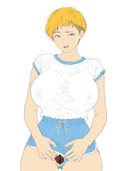 1girl blonde_hair blue_eyes breasts censored clothing_aside gym_uniform highres large_breasts licking_lips looking_at_viewer nyogiku pussy shirt short_hair shorts shorts_aside spread_pussy tongue tongue_out