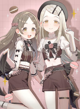 2girls :d absurdres belt beret black_bow black_bowtie black_hat blonde_hair blue_nails blush bow bowtie breasts brooch brown_eyes brown_hair brown_shirt brown_shorts checkered_background closed_mouth colored_eyelashes commentary_request cowboy_shot cropped_shirt earrings fingernails flipped_hair flower flower_brooch food frilled_sleeves frills gakuen_idolmaster hair_flower hair_ornament hairclip hand_up hat heart heart_earrings highres idolmaster jewelry juliet_sleeves kuramoto_china long_hair long_sleeves looking_at_viewer macaron midriff multiple_girls nail_polish noko_(nowako33) open_mouth orange_eyes parallel_hairclips parted_bangs pink_background pink_flower pink_rose puffy_sleeves rose shinosawa_hiro shirt shorts showgirl_skirt skirt_hold small_breasts smile standing stud_earrings thigh_belt thigh_strap