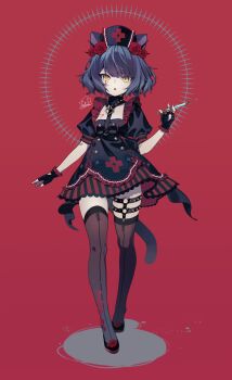 1girl absurdres animal_ears black_dress black_gloves black_hat black_shoes black_thighhighs blue_hair cat_ears cat_girl cat_tail commentary dress fingerless_gloves flower footwear_flower full_body gloves hair_flower hair_ornament hat highres holding holding_syringe looking_at_viewer multiple_thigh_straps nurse nurse_cap o-ring o-ring_thigh_strap open_mouth original red_background red_flower red_rose rose shoes short_hair short_sleeves solo standing syringe tail thigh_strap thighhighs yamanasi_mikage yellow_eyes