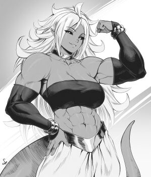 1girl absurdres android_21 bare_shoulders black_sclera bracelet breasts broad_shoulders colored_sclera detached_sleeves dragon_ball dragon_ball_fighterz female_focus flexing greyscale hand_on_own_hip harem_pants highres jewelry large_breasts long_hair looking_at_viewer majin_android_21 monochrome muscular muscular_female navel pants pointy_ears sharp_teeth solo speedl00ver strapless tail teeth tube_top white_hair