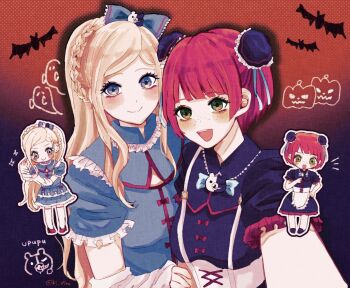 2girls :o alt_text bat_(animal) black_dress blonde_hair blue_bow blue_dress blue_eyes blunt_bangs blush bow bun_cover chibi chibi_inset closed_mouth commentary_request corset danganronpa_(series) danganronpa_2:_goodbye_despair dress eyelashes foreshortening freckles full_body ghost green_eyes hair_bow halloween_costume hand_on_own_arm highres holding_hands jack-o&#039;-lantern ki_27ro koizumi_mahiru long_hair mixed-language_commentary monokuma multiple_girls notice_lines open_mouth outline outstretched_arm red_hair red_shoes selfie shoes short_hair short_sleeves sidelocks smile sonia_nevermind standing teeth twitter_username upper_body upper_teeth_only white_arm_warmers white_bow white_corset white_outline