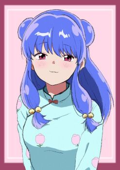1girl china_dress chinese_clothes double_bun dress hair_bun long_hair looking_at_viewer purple_hair ranma_1/2 red_dress shampoo_(ranma_1/2) shoes sidelocks smile solo