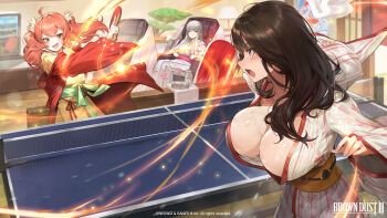 Rule 34 | 3girls, absurdres, artist request, black hair, blade (brown dust), blade (onsen swordfighter) (brown dust), blush, bouncing breasts, breasts, brown dust (series), brown dust 2, closed eyes, closed mouth, copyright name, copyright notice, green sash, grey eyes, grey hair, highres, holding, holding table tennis paddle, japanese clothes, kimono, liberta (brown dust), liberta (onsen manager) (brown dust), long hair, multiple girls, obi, official art, open mouth, orange eyes, orange hair, paddle, sash, second-party source, sitting, smile, sweat, table tennis, table tennis paddle, ventana (brown dust), ventana (onsen practitioner) (brown dust), very sweaty, white kimono, wooden floor, yellow kimono, yellow sash, yukata