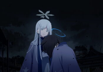 2girls animal_ears artist_request black_hair blue_archive blue_halo blue_haori cat_ears cat_girl game_cg hair_ornament halo haori head_on_chest highres japanese_clothes kikyou_(blue_archive) long_hair multiple_girls nagusa_(blue_archive) night non-web_source official_art parted_lips shirt short_hair skirt sky snowflake_hair_ornament white_halo white_shirt white_skirt