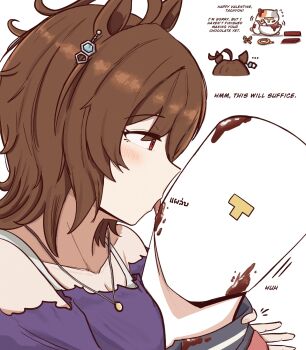 Rule 34 | 1boy, 1girl, agnes tachyon (casual) (umamusume), agnes tachyon (umamusume), ahoge, animal ears, animalization, bare shoulders, blush, bra strap, breasts, brown hair, casual, chemical structure, chocolate, chocolate on body, collarbone, commentary, earrings, english commentary, english text, food on body, guinea pig, hair between eyes, highres, holding, holding whisk, horse ears, horse girl, jewelry, johnholl0w, licking, licking another's face, long sleeves, medium hair, mixing bowl, necklace, off-shoulder shirt, off shoulder, purple shirt, purple sweater, red eyes, shirt, single earring, sweater, t-head trainer (umamusume), tongue, tongue out, trainer (umamusume), umamusume, whisk, wolf cut