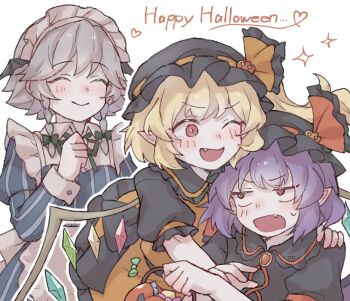 3girls blonde_hair braid candy character_request closed_eyes dress fang flandre_scarlet food hallow hug light_smile maid multiple_girls open_mouth purple_hair red_eyes saakarinrin touhou twin_braids vampire white_background white_hair wings