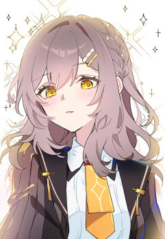 1girl alternate_costume alternate_hairstyle black_jacket braid commentary_request crown_braid grey_hair hair_ornament hairclip highres honkai:_star_rail honkai_(series) jacket long_hair looking_at_viewer necktie nononono_bouzu parted_lips shirt simple_background solo sparkle stelle_(chimerric_park_countdown)_(honkai:_star_rail) stelle_(honkai:_star_rail) trailblazer_(honkai:_star_rail) upper_body white_background white_shirt yellow_eyes yellow_necktie