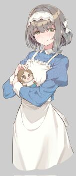 1girl apron blue_dress blush bow character_doll chibigurumi closed_mouth commentary_request contrast_collar cowboy_shot cropped_legs doll dress frilled_apron frills gakuen_idolmaster grey_background grey_eyes grey_hair hair_bow hairband hands_up highres hiwatari_kanae holding holding_doll idolmaster juliet_sleeves kuramoto_china long_sleeves looking_at_viewer maid maid_apron puffy_sleeves short_hair shoukichi_(shony) simple_background smile solo standing white_bow white_hairband