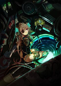 1girl @_@ android brown_hair cable cyborg female_focus highres long_hair looking_back looking_up md5_mismatch mechabare muruaka original pink_eyes resolution_mismatch ringed_eyes sitting soaking_feet solo source_larger thighhighs toolbox tools very_long_hair water wrench