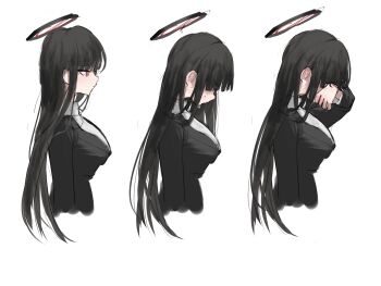 1girl absurdres black_hair black_jacket blue_archive breasts commentary_request cropped_torso crying from_side hair_over_eyes halo highres jacket korean_commentary large_breasts looking_ahead mangotonic partial_commentary profile red_eyes rio_(blue_archive) sequential spoilers straight_hair teardrop tears upper_body wiping_tears