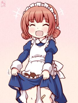 1girl alternate_costume apron bandaid bandaid_on_knee bandaid_on_leg blue_dress brown_eyes dress enmaided feet_out_of_frame frilled_apron frills hair_rings kaiboukan_no._4_(kancolle) kanon_(kurogane_knights) kantai_collection maid maid_headdress one-hour_drawing_challenge pink_background simple_background skirt_basket skirt_hold smile solo white_apron