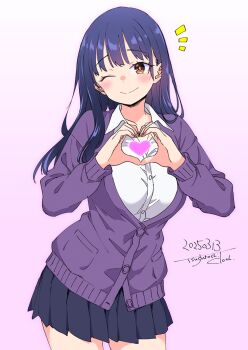 1girl ^^^ black_hair black_skirt blush boku_no_kokoro_no_yabai_yatsu brown_eyes cardigan collared_shirt commentary_request cowboy_shot dated gradient_background heart heart_hands highres kurosu_tsugutoshi long_hair long_sleeves looking_at_viewer one_eye_closed pink_background pleated_skirt purple_cardigan school_uniform shirt signature skirt solo white_shirt yamada_anna