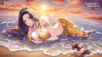1girl artist_request barefoot beach bikini black_hair breasts cloud copyright_name copyright_notice earrings gamma_(kage_no_jitsuryokusha_ni_naritakute!) highres hoop_earrings jewelry kage_no_jitsuryokusha_ni_naritakute! kage_no_jitsuryokusha_ni_naritakute!_master_of_garden large_breasts long_hair mole mole_under_mouth navel necklace ocean official_art palm_tree pointy_ears purple_eyes sandals sarong sky smile solo sunset swimsuit tree unworn_sandals wet wet_hair yellow_bikini yellow_sarong