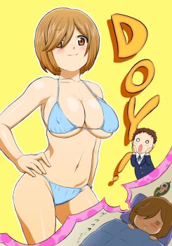 2girls :3 =_= aqua_bikini bikini blue_jacket blush breasts brown_eyes brown_hair closed_eyes closed_mouth collarbone collared_shirt commentary_request covered_erect_nipples dreaming drooling hair_between_eyes hair_over_one_eye hand_on_own_hip hands_on_own_face hokuto_(tokuho) jacket k-on! kinoshita_shizuka leaf long_sleeves multiple_girls neck_ribbon o_o open_mouth outline pillow ribbon saliva sano_keiko shiny_skin shirt short_hair sleeping smile speech_bubble stomach swimsuit thought_bubble under_covers very_short_hair white_outline white_shirt