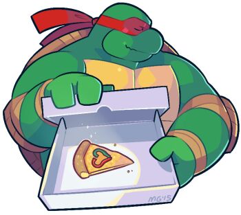 1boy bara biceps box closed_eyes closed_mouth commentary english_commentary facing_to_the_side food furry furry_male greenendorf heart heart-shaped_food holding holding_box masked muscular muscular_male pizza pizza_box pizza_slice raphael_(tmnt) teenage_mutant_ninja_turtles turtle_boy turtle_shell