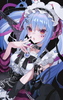 1girl absurdres animal_ear_fluff animal_ear_piercing animal_ears animal_print arm_warmers banise bare_shoulders belt black_bow black_choker black_nails blue_hair bow breasts chain choker collarbone commentary_request dress elbow_gloves finger_to_mouth gloves hair_between_eyes hair_ornament heart highres hololive jewelry light_blush long_hair looking_at_viewer maid_headdress nail_polish official_alternate_costume open_mouth purple_skirt rabbit-shaped_pupils rabbit_choker rabbit_ears rabbit_girl rabbit_hair_ornament rabbit_print red_eyes simple_background skirt sleeveless symbol-shaped_pupils twintails usada_pekora usada_pekora_(11th_costume) virtual_youtuber