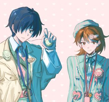 1boy 1girl alternate_costume black_ribbon blue_eyes blue_hair brown_eyes brown_hair closed_mouth collar digital_walkman earphones earphones_removed earrings flipped_hair frilled_collar frills hair_behind_ear hair_ornament hair_over_one_eye hairclip hand_up hat heart heart_background holding holding_earphones jacket jewelry long_sleeves looking_at_viewer meronsha mp3_player neck_ribbon necktie open_clothes open_jacket persona persona_3 pink_background ribbon shirt short_hair smile stud_earrings sweater takeba_yukari upper_body white_shirt wing_collar yuuki_makoto_(persona_3)