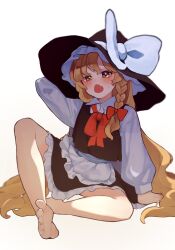 Rule 34 | 1girl, :o, apron, arm behind head, bare legs, barefoot, black hat, black skirt, black vest, blonde hair, bow, braid, collared shirt, commentary request, frilled apron, frilled skirt, frills, hair bow, hat, hat bow, highres, kirisame marisa, long hair, long sleeves, neck ribbon, niru 05, open mouth, puffy sleeves, red bow, red ribbon, ribbon, shirt, side braid, simple background, single braid, skirt, soles, solo, toes, touhou, very long hair, vest, waist apron, white apron, white background, witch, witch hat, yawning, yellow eyes