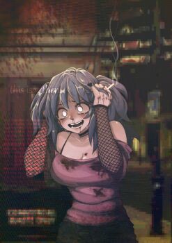 Rule 34 | 1girl, artist name, bare shoulders, black choker, blood, blood on clothes, blood on face, blue hair, breasts, choker, cigarette, cleavage, crying, crying with eyes open, empty eyes, english text, fishnet sleeves, fishnets, glitch, hair ornament, heart, heart hair ornament, highres, holding, holding cigarette, j2citrus, lacey (lacey games), lacey games, large breasts, medium hair, nosebleed, off-shoulder shirt, off shoulder, open mouth, outdoors, photo background, ptsd, purple shirt, shirt, smoke, solo, tears, twintails, white eyes