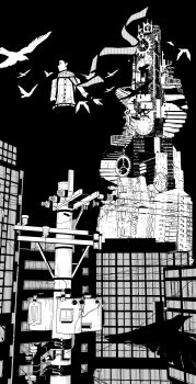 1boy absurdres bird building clock clock_tower closed_mouth floating_scarf greyscale highres long_sleeves male_focus mochizuki_ryouji mole mole_under_eye monochrome oxnxgolfqt76300 pants persona persona_3 power_lines scarf shirt stairs suspenders tartarus tower utility_pole