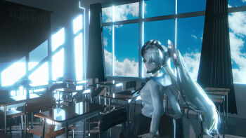 1girl 3d absurdres artist_name black_pantyhose black_skirt blue_bow blue_eyes blue_sailor_collar blue_sky bow breasts chair chinese_commentary classroom cloud commentary_request curtains day desk english_text feet_out_of_frame floor hair_between_eyes hair_intakes hand_on_table headwear_request highres leaning_back leaning_on_table long_hair long_sleeves looking_at_viewer luna_(pgr) medium_breasts original pantyhose punishing:_gray_raven sailor_collar school school_uniform serafuku seymour_(sai_lu_er) skirt sky sleeves_past_wrists solo tile_floor tiles twintails very_long_hair wall white_hair white_serafuku window wooden_chair