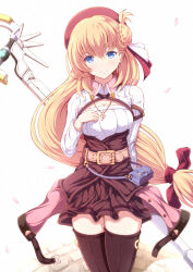 Rule 34 | 1girl, agnes claudel, bag, beret, binzume suika, blonde hair, blue eyes, breasts, cleavage cutout, clothing cutout, eiyuu densetsu, floating hair, hair between eyes, hair bun, handbag, hat, highres, holding, holding staff, holding weapon, jewelry, kai no kiseki, large breasts, looking at viewer, low ponytail, mage staff, pendant, ponytail, red hat, ribbed sweater, simple background, single hair bun, skirt, smile, solo, staff, sweater, thighhighs, weapon, white background