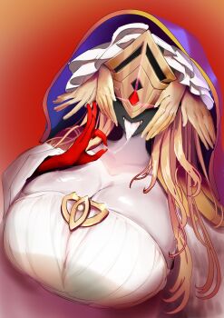 1girl absurdres blonde_hair breasts character_request cleavage collarbone commentary_request duel_monster glowing glowing_eye highres huge_breasts long_hair mask red_background red_eyes solo upper_body xblhh yu-gi-oh!
