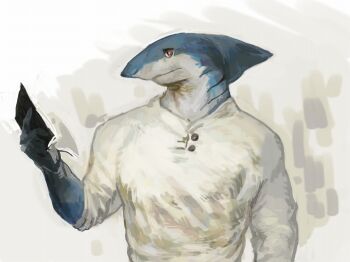 1boy blue_skin book brown_eyes colored_skin commentary_request fins furry furry_male gills holding holding_book looking_to_the_side male_focus nagabe original shark_boy shirt solo upper_body white_shirt