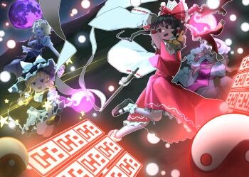 Rule 34 | 4girls, absurdres, alice margatroid, apron, ascot, black hair, blonde hair, blue dress, book, bow, braid, broom, broom riding, brown eyes, brown hair, capelet, commentary request, danmaku, dauchimk 1, detached sleeves, dress, fighting, frilled bow, frilled hair tubes, frilled hairband, frilled skirt, frilled sleeves, frills, full moon, gohei, grimoire of alice, hair bow, hair tubes, hairband, hakurei reimu, hat, hat bow, hat ribbon, highres, holding, holding book, holding gohei, imperishable night, kirisame marisa, lolita hairband, long hair, long sleeves, medium hair, mini-hakkero, mob cap, moon, multiple girls, open mouth, orb, purple moon, purple tabard, red bow, red shirt, red skirt, ribbon, ribbon-trimmed sleeves, ribbon trim, shirt, short sleeves, side braid, single braid, skirt, skirt set, smile, tabard, teeth, touhou, upper teeth only, very long hair, waist apron, white bow, white capelet, white dress, wide sleeves, witch hat, yakumo yukari, yellow ascot, yin yang, yin yang orb