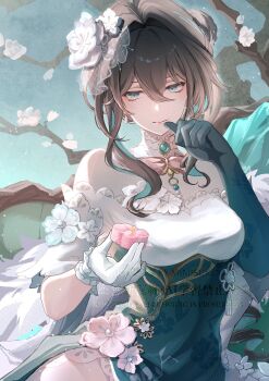 Rule 34 | 1girl, aqua eyes, asymmetrical gloves, black hair, bow, branch, breasts, commentary request, dress, fishnet veil, floral print, flower, food, gem, gloves, highres, holding, holding food, honkai: star rail, honkai (series), long hair, medium breasts, mimisuke37, mismatched gloves, multicolored hair, off shoulder, official alternate costume, pastry, plum blossoms, ruan mei (honkai: star rail), ruan mei (plumblossom letter) (honkai: star rail), streaked hair, two-tone dress, uneven gloves