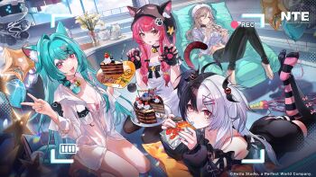 +_+ 4girls absurdres animal_ear_fluff animal_ears animal_hat aqua_hair aqua_nails bare_legs bat_girl bat_wings beads bell black_hair black_hood black_pants black_thighhighs blue_sky bottomless bow bra bra_strap breasts cake cake_slice cat_girl cat_hat cat_tail chocolate_cake choker cloud commentary company_name copyright_logo copyright_name crossed_legs day drink_carton english_commentary english_text food hair_beads hair_ornament hat head_on_bed high-waist_pants highres holding holding_cake holding_food jiuyuan_(nte) jiuyuan_(self-discipline_time)_(nte) juice lacrimosa_(nte) legs_up logo looking_at_viewer loungewear mint_(leisurely_holiday)_(nte) mint_(nte) multicolored_hair multicolored_nails multiple_girls nanally_(fluffy_flying_tiger)_(nte) nanally_(nte) neck_bell neverness_to_everness no_shoes official_alternate_costume official_art pants paw_hair_ornament paw_pose pink_bow pink_bra pink_choker pink_eyes pink_nails pink_streaks recording red_hair shirt single-shoulder_shirt sky split-color_hair streaked_hair striped_bra striped_clothes striped_thighhighs tail thighhighs tied_shirt tiger_ears tiger_girl tiger_tail tomato_juice underwear vertical-striped_bra vertical-striped_clothes white_hair white_hat white_shirt wings yoga_pants