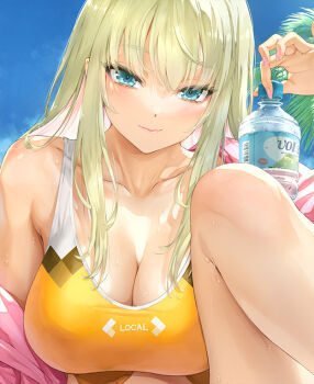1girl aqua_eyes blonde_hair bottle breasts cleavage competition_swimsuit day female_focus happoubi_jin holding holding_bottle large_breasts looking_at_viewer looking_down one-piece_swimsuit outdoors pink_nails sitting sky solo swimsuit tagme variant_set water_bottle yellow_one-piece_swimsuit