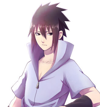 1boy black_eyes black_hair closed_mouth collarbone hair_between_eyes highres looking_at_viewer male_focus mochiii-s naruto_(series) naruto_shippuuden purple_shirt shirt short_hair short_sleeves solo spiked_hair uchiha_sasuke upper_body white_background zipper_pull_tab