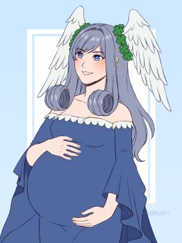 absurdres adricarra big_belly blue_dress clover dress four-leaf_clover hands_on_belly head_wings head_wreath highres long_hair melia_antiqua misscherrylle pregnant silver_hair white_wings wings xenoblade_chronicles_(series) xenoblade_chronicles_3
