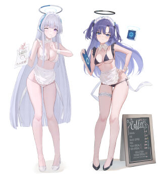 2girls absurdres apron black_bra black_halo black_panties black_shoes blue_archive blue_eyes blush bra breasts commentary_request detached_collar doodle_sensei_(blue_archive) frilled_apron frilled_thigh_strap frills halo headgear highres holding holding_tablet_pc i_ruru large_breasts long_hair looking_at_viewer maid_apron maid_headdress mechanical_halo multiple_girls noa_(blue_archive) one_eye_closed panties price_list purple_eyes purple_hair sensei_(blue_archive) shoes side-tie_panties sign simple_background smile tablet_pc thigh_strap two_side_up underwear very_long_hair waist_apron white_apron white_background white_bra white_hair white_halo white_panties white_shoes white_wrist_cuffs wrist_cuffs yuuka_(blue_archive)