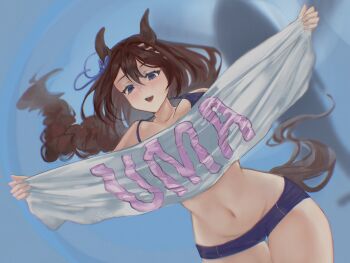 1girl absurdres aircraft animal_ears azur_lane banner bikini bikini_shorts blue_bikini blue_eyes blue_sky blurry blurry_background bouncing_breasts braid breasts brown_hair commentary day english_commentary falling floating_hair freefall from_below groin helicopter highres holding holding_banner horse_ears horse_girl horse_tail long_hair looking_ahead lowleg lowleg_bikini midair mogador_(azur_lane) mogador_(azur_lane)_(cosplay) mogador_(diving_for_desire)_(azur_lane) multicolored_hair navel nicola_(umahiremy) open_mouth outdoors parody shorts sky smile solo stomach strap_gap super_creek_(umamusume) swimsuit tail two-tone_hair umamusume unaligned_breasts very_long_hair