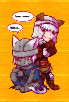 2boys :3 animal_ears armor black_eyes black_pants blue_eyes blue_tunic boots brown_boots brown_gloves cat_boy cat_ears cat_tail chainmail chibi chibi_only closed_mouth commentary_request creighton_of_mirrah dark_souls_(series) dark_souls_ii dog_boy dog_ears dog_tail ears_through_headwear empty_eyes full_body gloves helmet kemonomimi_mode male_focus mask masked mild_mannered_pate multiple_boys orange_background pants short_hair sitting smile standing suou_yuuchi tail tunic