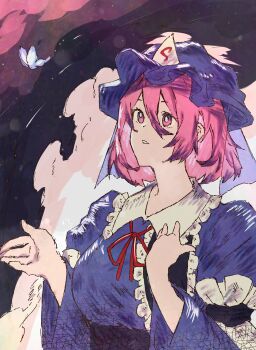 Rule 34 | 1girl, blue hat, blue kimono, breasts, bug, butterfly, frilled hat, frills, hair between eyes, hand on own chest, hands up, hat, highres, insect, japanese clothes, kimono, long sleeves, looking at animal, medium breasts, mob cap, neck ribbon, oftooon, parted lips, pink eyes, pink hair, red ribbon, ribbon, saigyouji yuyuko, short hair, solo, touhou, triangular headpiece, white butterfly, wide sleeves