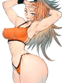 1girl arm_behind_head armpit_crease armpits bandaid bandaid_on_cheek bandaid_on_face breasts brown_hair captain_mizuki female_focus fumio_(rsqkr) highres large_breasts legs_together looking_at_viewer navel one-punch_man open_mouth side_ponytail simple_background stomach thighs toned toned_female white_background