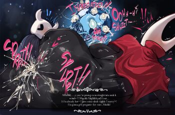 ! !! &gt;_&lt; 1boy 1girl absurdres ass backboob black_skin blush breasts brother_and_sister cloak closed_eyes colored_skin cross-section cum cum_in_pussy cum_overflow dialogue_box dna ejaculation english_text fertilization grey_cloak half-siblings hetero highres hollow_knight hornet_(hollow_knight) huge_ass huge_breasts huge_testicles impregnation inbreeding incest knight_(hollow_knight) lying nude on_side ovum peterh_mon red_cloak sex siblings size_difference smaller_dominant sound_effects sperm_cell sweat testicles vaginal wide_hips