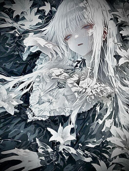 black_dress blue_eyes crazy dress flower highres lily_(flower) open_mouth original squinting undead white_hair yami_kawaii