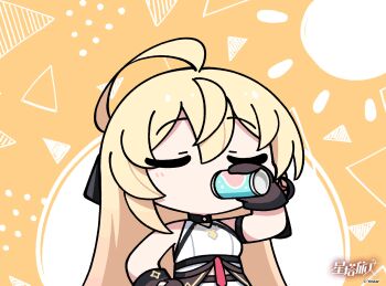 1girl :t ahoge angry animated animated_gif bare_shoulders black_background black_gloves blonde_hair can chinese_commentary commentary_request drink_can drinking earrings gloves half-closed_eyes highres holding holding_can jewelry long_hair noya_(stella_sora) official_art pout shirt single_earring sleeveless sleeveless_shirt soda_can solo speech_bubble spit_take spitting star-shaped_pupils star_(symbol) stella_sora symbol-shaped_pupils underbust v-shaped_eyebrows yellow_background