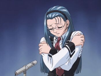 00s 1girl 2002 animated animated_gif aqua_hair aroused bible_black bible_black_gaiden bouncing_breasts bow bowtie breasts female_focus glasses large_breasts long_hair microphone mind_control mochida_junko podium public_indecency school school_assembly school_hall school_uniform solo suspenders tagme undressing