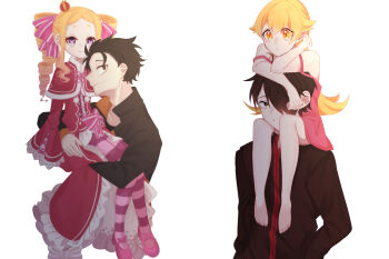 2boys 2girls araragi_koyomi barefoot beatrice_(re:zero) blonde_hair blue_eyes bow child crown_hair_ornament dress drill_hair frilled_dress frills fuzzy_balls highres holding_person jacket jouge2983 long_hair monogatari_(series) multiple_boys multiple_girls natsuki_subaru oshino_shinobu pink_dress re:zero_kara_hajimeru_isekai_seikatsu red_dress ribbon school_jacket school_uniform serafuku shaped_pupils shoes sitting_on_shoulder strap_slip striped_legwear track_jacket twin_drills u30c1u30e3u30f3u30b0 yellow_eyes